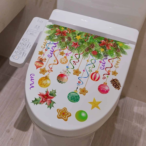 Autocollant De Toilettes Noël PVC Imperméable Amovible Décoration Murale Salle De Bain Lettres Joyeux Noël