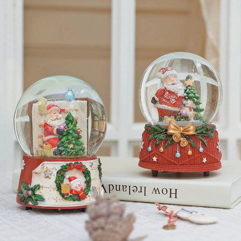 Boule À Neige De Noël Boîte À Musique Résine Verre Père Noël Bonhomme De Neige Décoration De Bureau Cadeau