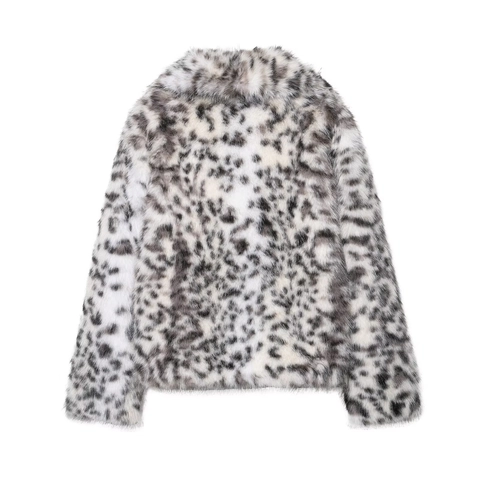 Women Leopard Print Faux Fur Jacket Lapel Long Sleeve Winter Warm Loose Fit Outerwear Animal Pattern Grey White
