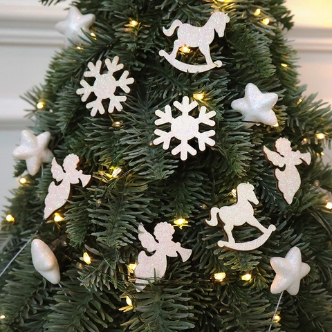 Christmas Tree Hanging Ornaments Wooden Slices Glitter Elk Snowflake Angel Star Shapes DIY Festive Decor Accessory