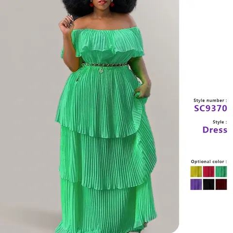 Off Shoulder Plissiertes Etagen Maxikleid Chiffon Gestuftes Tortenrock Strandurlaub Party Elegant