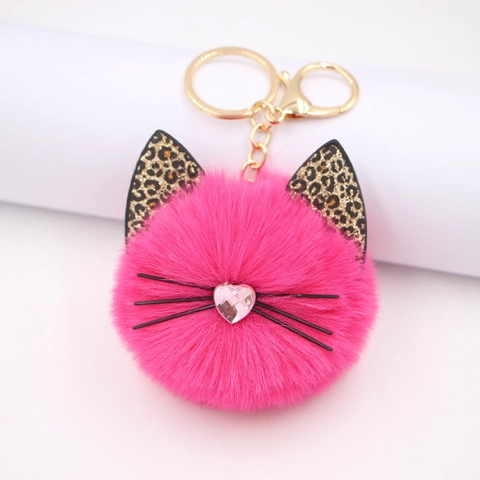 Portachiavi Pompon Gatto Orecchie Maculate Pelliccia Sintetica Ciondolo Per Borsa Cuore Strass Lega
