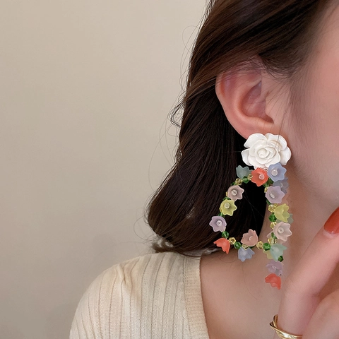 Pendientes De Flores Con Poste De Plata De Ley 925 Acrílico Rosa Colorida Borla Floral Estilo INS