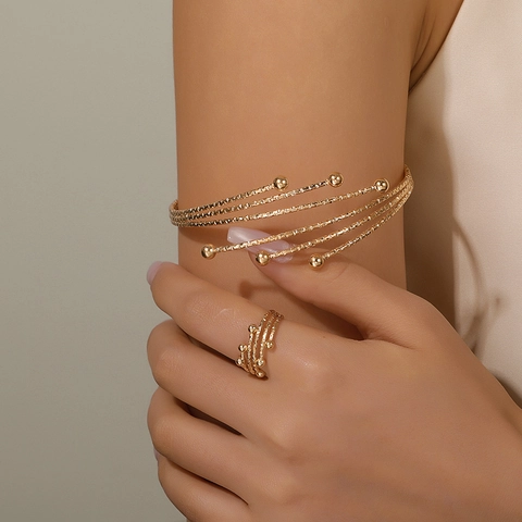 Minimalist Multi-layer Spiral Alloy Jewelry With Hammered Texture Gold Tone Open Cuff Bracelet And Matching Ring For Women
