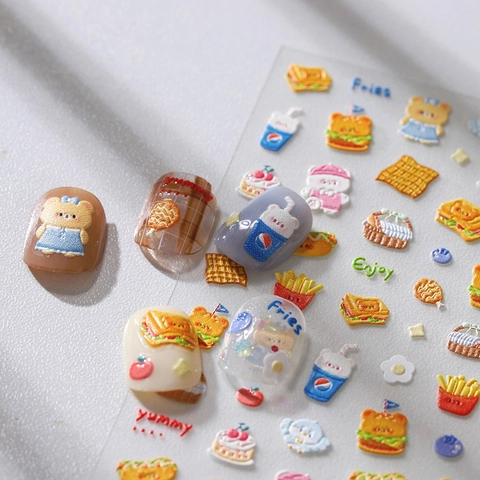 Stickers Nail Art Relief 5D Ours Pique-Nique Dessin Animé Design Fast Food Auto-Adhésif Décoration Manucure DIY