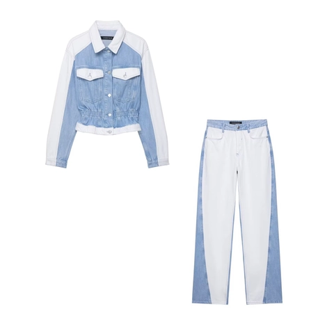 Women Fashion Patchwork Denim Jacket And Pants Set Blue White Contrast Two Piece Outfit Slim Streetwear Denim Set