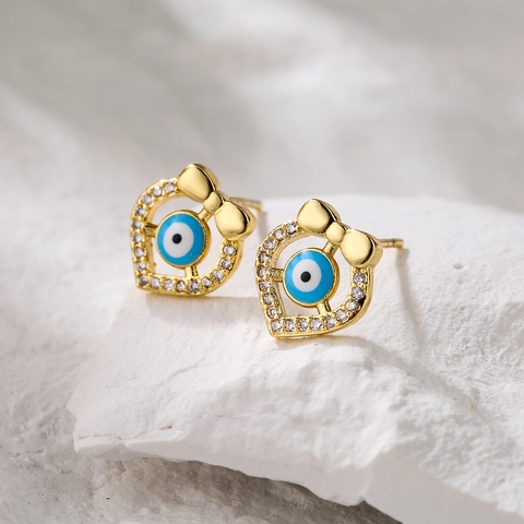 Evil Eye Stud Earrings 18K Gold Plated Copper Inlaid Zircon Enamel Geometric Heart Hamsa Hand Vintage Jewelry Women