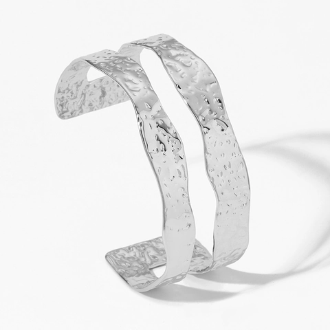 Edelstahl Hammerschlag Armreif Breit Offen Doppelschicht Unregelmäßige Textur Minimalistischer Modeschmuck Für Damen