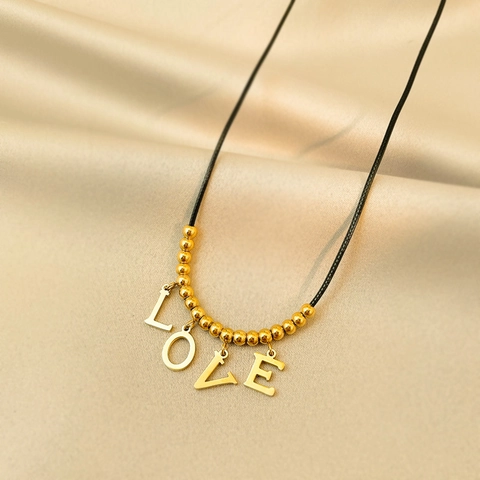 Titanium Steel LOVE Letter Heart Gourd Pendant Necklace Gold Plated Beads Black Cord Fashion Minimalist Clavicle Chain Women