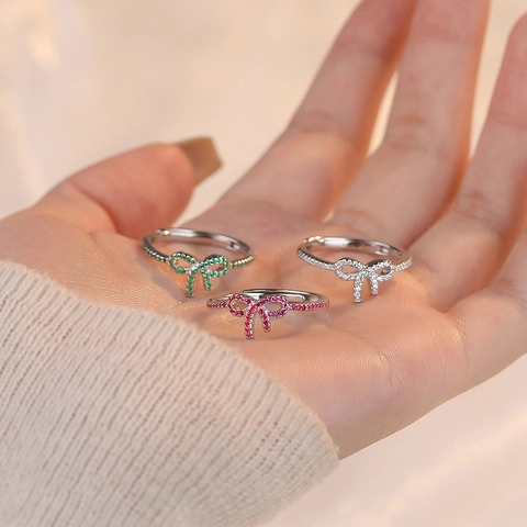 Bow Ribbon Ring 925 Sterling Silver Cubic Zirconia Adjustable Open Design Elegant Versatile Fashion Jewelry For Women