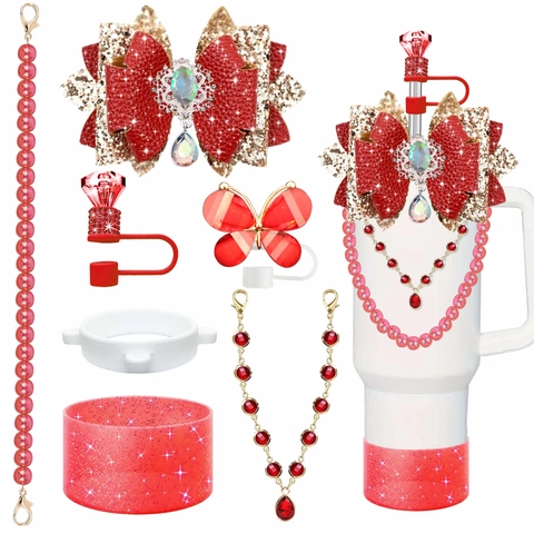 Becher Zubehör Set Silikon Tassenstiefel Strohhalm Abdeckung Schleife Charme Perlenkette Strass Dekoration Für Stanley Tasse