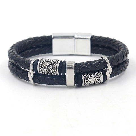 Bracelet En Cuir Tressé Multicouche Pour Hommes Avec Perles En Métal Viking Et Fermoir Magnétique Bijoux Punk