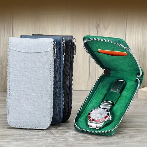 Custodia per Orologio Singolo in Pelle Saffiano Astuccio da Viaggio Portatile Con Cerniera e Fodera in Velluto