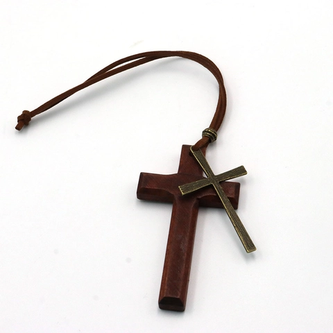 Vintage Holz Legierung Kreuz Anhänger Halskette Doppelschicht Verstellbares Lederseil Religiöser Retro Schmuck Herren Damen