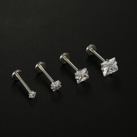 Stainless Steel Square Zirconia Labret Stud For Women Men Internal Thread Flat Back Cartilage Earring Lip Piercing Jewelry