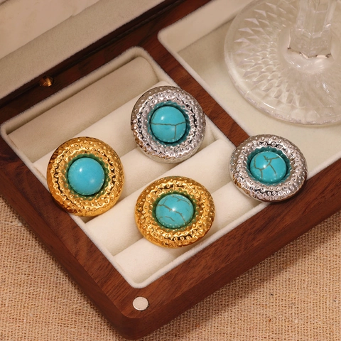Vintage Franse Gehamerd Rond Roestvrij Staal Oorknopjes Met Kunstmatige Turkoois Elegante Boheemse Sieraden Voor Dames