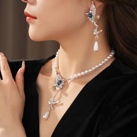Bird Pendant Necklace And Earrings With Colorful Rhinestone Zircon Imitation Artificial Pearl And Silver Earring Post Vintage Luxury For Women