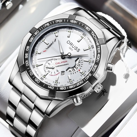 Business Casual Stainless Steel Men Quartz Watch Luminous Calendar Chronograph Tachymeter Waterproof Round Dial Metallic Mesh Strap Wristwatch