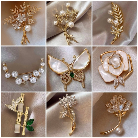 Elegant Alloy Rhinestone Artificial Pearl Enamel Brooch Pin Vintage Floral Leaf Animal Shape Suit Coat Jewelry For Women