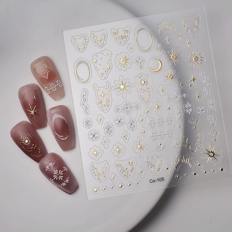 Stickers Ongles 5D Relief Soleil Lune Étoiles Célestes Or Blanc Imperméable Décoration Manucure DIY Pour Femmes