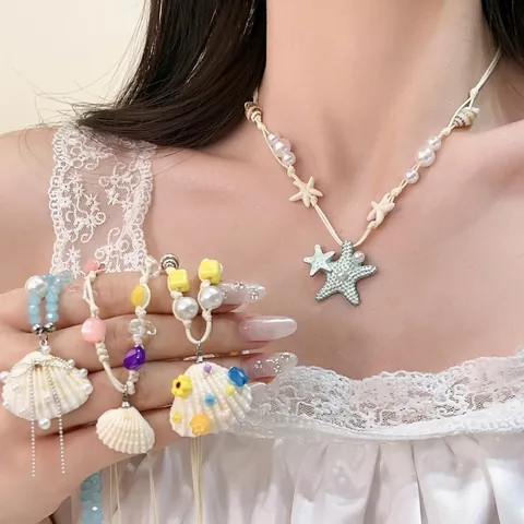 Collar Con Colgante De Estrella De Mar Concha Resina Cuentas Perla Artificial Océano Playa Estilo Resort Joyería Mujer