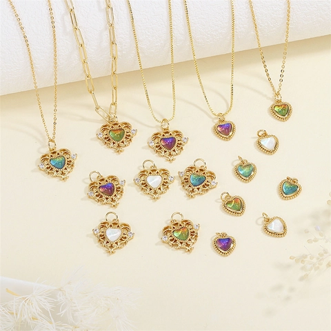Heart Pendants Copper Gold Plated With Colorful Crystal And Zircon For DIY Jewelry Making Vintage Hollow Lace Style