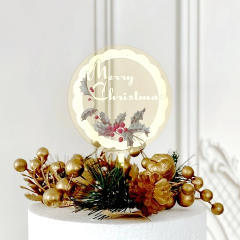 Acrylic Christmas Cake Topper Round Mirror Wavy Edge Merry Christmas Lettering Holly Berry Print Holiday Dessert Decoration