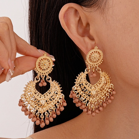 Vintage Bohemian Heart Tassel Drop Earrings Alloy Hollow Lace Pattern With Silver Earring Post Ethnic Style For Women