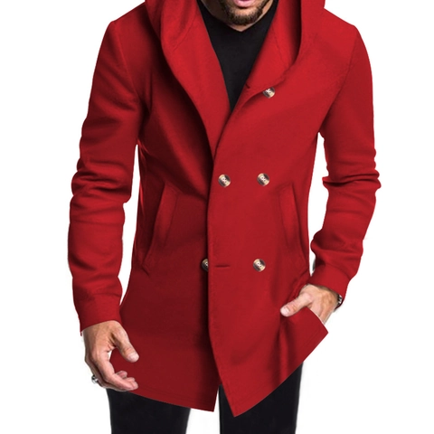 Men Hooded Trench Coat Double Breasted Slim Fit Mid Long Casual Jacket Solid Color Polyester Spandex Blend Outerwear
