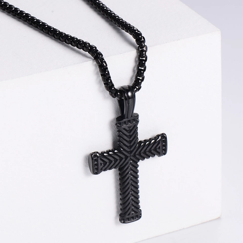 Vintage Kruis Hanger Ketting 316L Roestvrij Staal Visgraatpatroon Religieuze Christelijke Sieraden Voor Heren Dames