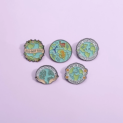 Cartoon Earth Day Enamel Brooch Pin Alloy Environmental Protection Slogan Badge For Bag Clothing Accessories Unisex