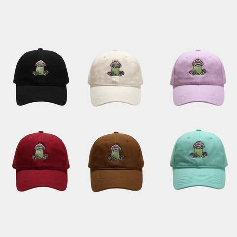 Cartoon Frosch Pilz Bestickte Baseballkappe Baumwolle Verstellbar Gebogene Krempe Outdoor Sonnenhut Damen Herren