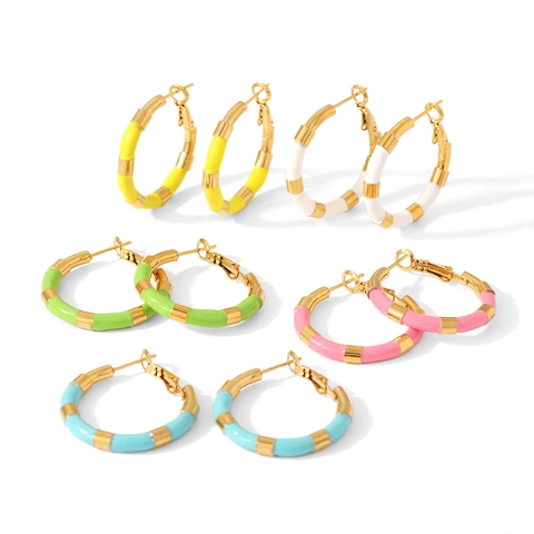 Colorful Enamel Segmented Hoop Earrings 18K Gold Plated Stainless Steel Geometric Round Jewelry For Women