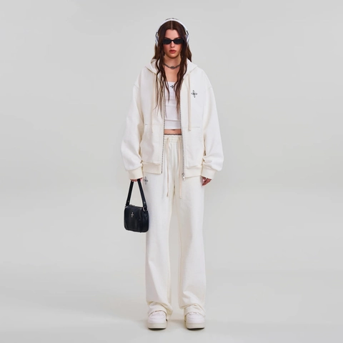 Women Cotton Wide Leg Sweatpants Straight Embroidery Cross Drawstring Casual Streetwear Sport Jogger Trousers