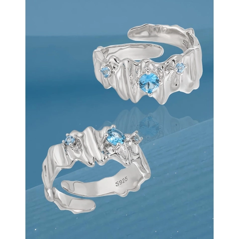 Unregelmäßige Welle Flüssigmetall Ring 925 Sterling Silber Blauer Zirkon Verstellbare Offene Band Mode Schmuck Damen