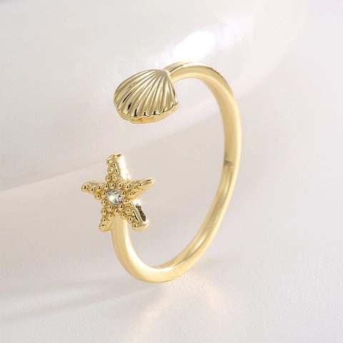 Französischer Vintage Gold Plated Kupfer Seestern Muschel Offener Ring Für Damen Verstellbar Meer Element Zirkonia Schmuck Geschenk