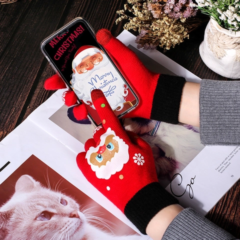 Gants En Tricot De Noël Hiver Chaud Écran Tactile Flip Top Demi Doigts Jacquard Père Noël Renne Motif Pour Adultes Enfants