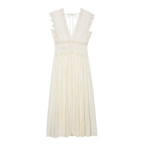 French Style Ivory Lace Maxi Dress Sleeveless Deep V Neck Elegant Hollow Out Pleated Long Splicing Dress For Women