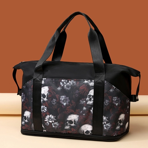 Borsa Da Fitness Di Grande Capacità Con Teschio Gotico E Fiori Separazione Secco Umido Yoga Palestra Borsa Da Viaggio Uomo Donna