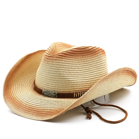 Western Cowboy Strohhut Farbverlauf Breite Krempe Sonnenschutz Outdoor Vintage Papierstroh Stierschädel Dekor Verstellbar