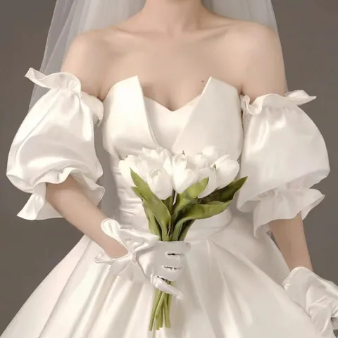 Bridal Wedding Gloves Detachable Puff Sleeves Satin Mesh Tulle With Artificial Pearls Long Decorative Arm Sleeves For Gown Photography