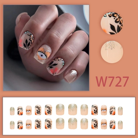 Press On Nails Square Round ABS Leopard Heart Eye Pattern Glitter Nude Fashion Manicure For Women