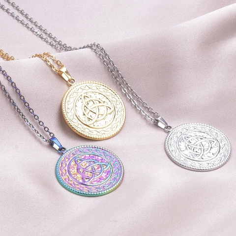 Collana Nodo Della Strega Acciaio Inossidabile Nodo Celtico Trinità Triquetra Pendente Rotondo Gioielli Amuleto Wicca Donna
