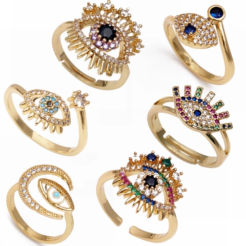 Böser Blick Verstellbarer Offener Ring Bunter Zirkonia Kupfer Vergoldet Böhmischer Vintage Schmuck Fingerzubehör