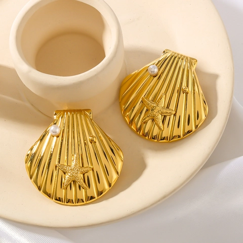 Edelstahl 18K Vergoldete Jakobsmuschel Seestern Ohrringe Mit Künstlicher Perle Sommer Ozean Damen Mode Schmuck
