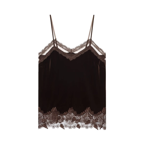Camisola De Terciopelo Sexy Con Cuello En V Para Mujer Con Retazos De Encaje Tirantes Finos Camiseta Sin Mangas Color Café Casual