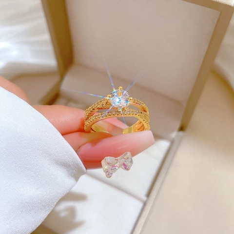 Twisted Cross Double Layer Adjustable Ring With Round Cubic Zirconia Gold Plated Copper Jewelry Gift For Women