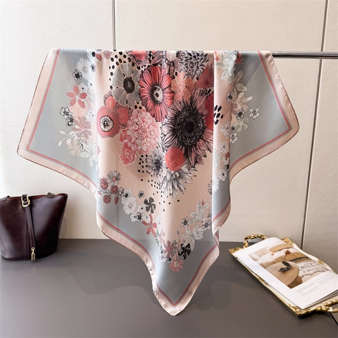 Women Elegant Square Scarf Imitation Satin Satin Floral Daisy Print Neck Wrap Headband Lightweight Fashion Accessory