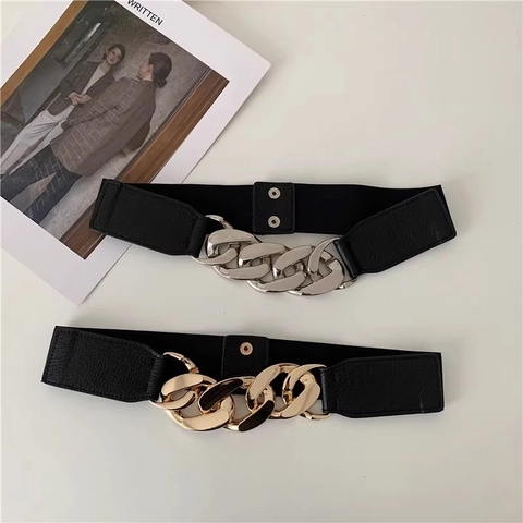 Damen Breiter Korsettgürtel PU Leder Elastisches Taillenband Mit Großer Legierung Metall Kettenschnalle Schick Punk Für Anzug Mantel