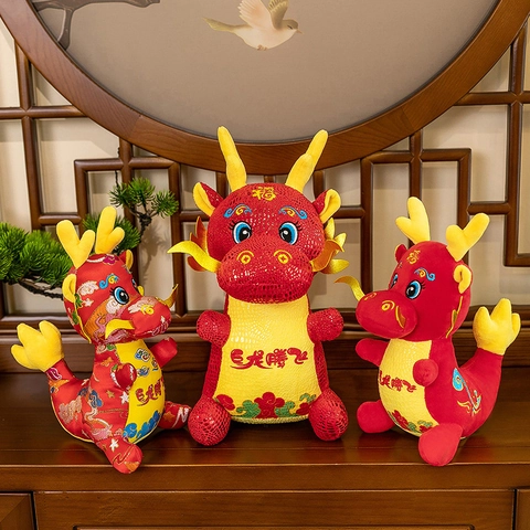 Tradizionale Dragone dello Zodiaco Cinese Peluche Mascotte Rosso Oro Ricamato Morbido Dragone Imbottito per Capodanno Casa Decorazione Regalo